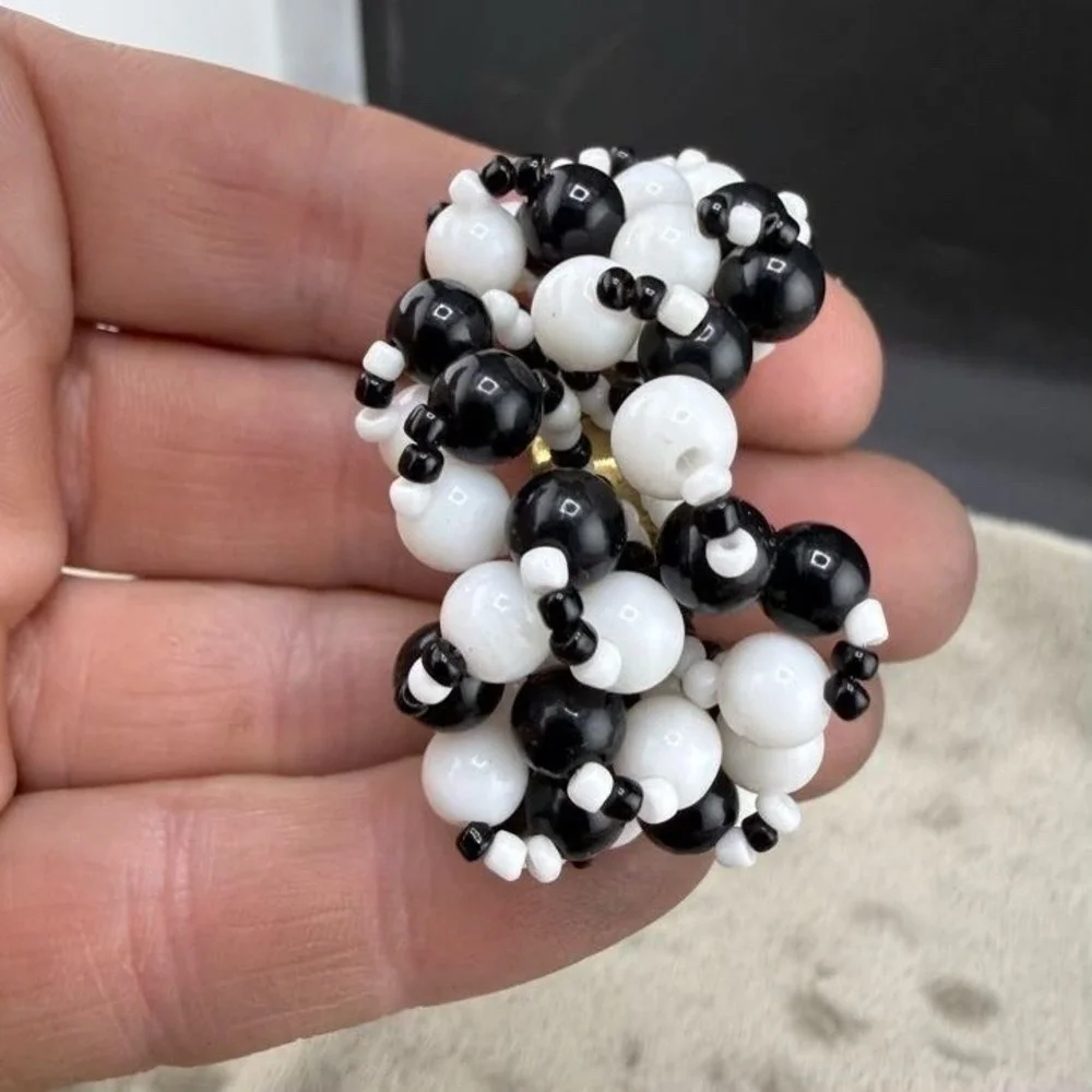Vintage Estate Clip On Earrings Lot Black White Retro Beaded Dangle 3 Pairs